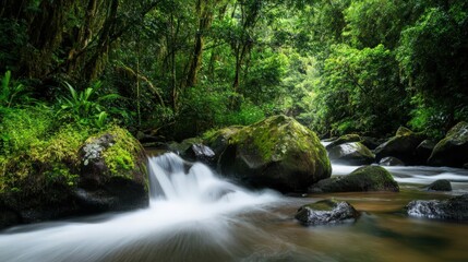 Obraz premium A stream of water flows through a lush green forest