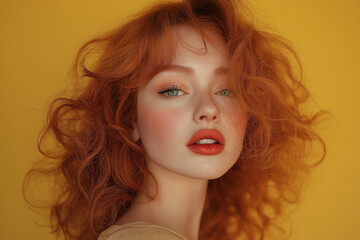 Naklejka premium A photograph of an Instagram model with red, curly hair, a soft smile, and full lips. The background is yellow, and the lighting is soft