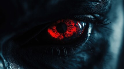 Close-up of the male demon red eye. Evil look. Scary red eye of the demon.