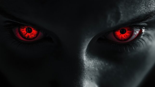 Close-up of the female demon red eyes. Evil look.