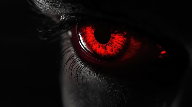 Close-up of the male demon red eye. Evil look.