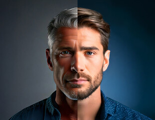 Portrait comparing young and old man, highlighting aging process