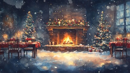 Obraz premium Cozy winter scene with a fireplace, decorated trees, and a festive dining setup.