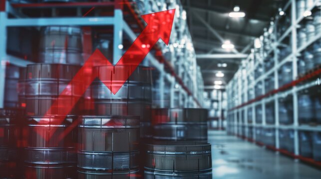 Oil barrels with upward price arrows indicate rising market values, reflecting economic volatility and instability in global energy markets.