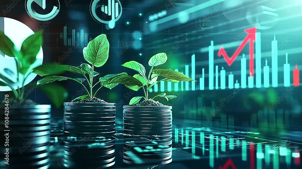Poster coins neatly stacked with healthy plants growing from them, in front of a rising bar graph on a tran