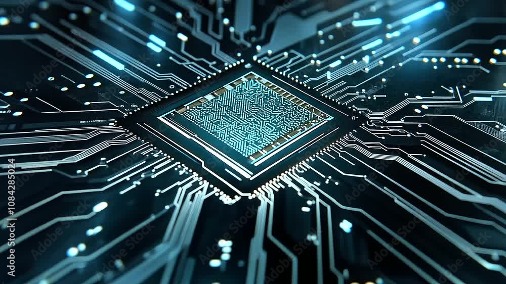 Poster the glistening surface of a semiconductor chip rests on a web of intricate circuits, bathed in cool 