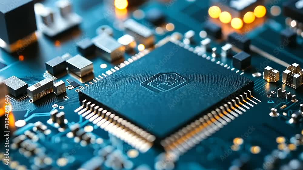 Poster a sleek semiconductor chip placed on a densely packed circuit board, its metallic surface glinting i