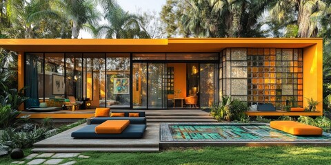 Obraz premium Modern yellow house with a patio and swimming pool.