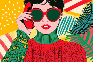 National Ding-a-Ling Day woman wearing a red and green cable knit sweater holding a red retro phone to he ear, festive background pop art style