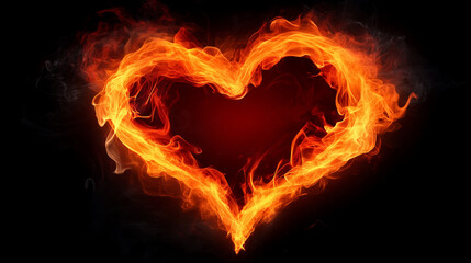 Fototapeta premium Fiery heart shape with glowing flames on a black background symbolizing passion and intense emotion