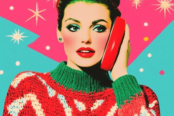National Ding-a-Ling Day woman wearing a red and green cable knit sweater holding a red retro phone to he ear, festive background pop art style