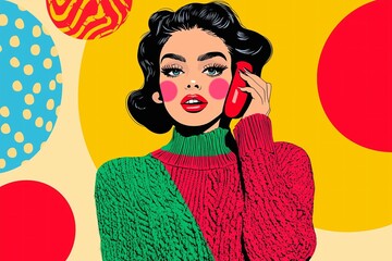 National Ding-a-Ling Day woman wearing a red and green cable knit sweater holding a red retro phone to he ear, festive background pop art style