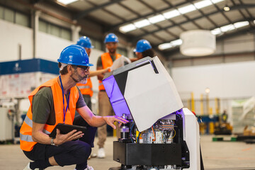 Engineers maintaining automated guided vehicle in warehouse