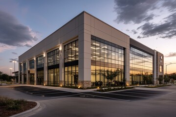 Modern Commercial Building at Twilight Architectural Elegance in Tranquil Urban Setting