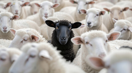 Obraz premium A black sheep among a flock of white sheep, raising head as a leader - Concept of standing out from the crowd, of being different and unique with its own identity and special skills among the others 
