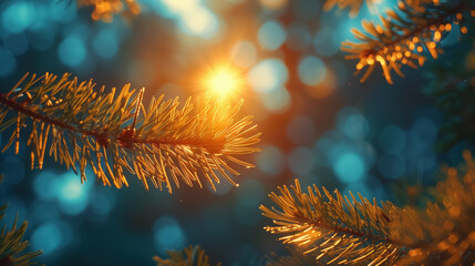 Sunlit evergreens in enchanting bokeh forest scene