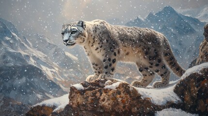 Fototapeta premium Snow Leopard in Snowy Mountains