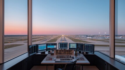 Fototapeta premium Panoramic Sunset View from Air Traffic Control Futuristic Console Overlooks Airport Operations at Dusk