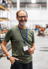 Portrait of smiling senior engineer in high tech robotics factory