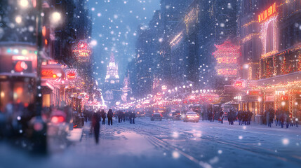 Obraz premium Blurred Winter Background of Snowy City Street at Twilight with Holiday Lights.