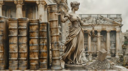 Fototapeta premium Lady Justice Statue with Books and Scales in Front of a Classical Building