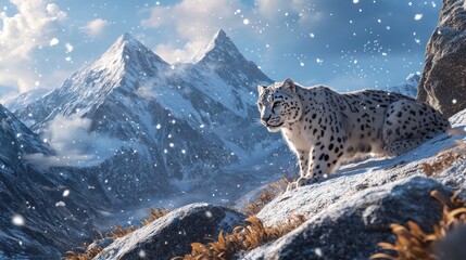 Fototapeta premium Snow Leopard in Snowy Mountains
