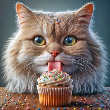 A fluffy tabby cat with bright eyes is licking the frosting of a cupcake topped with colorful sprinkles 