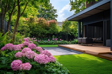 Obraz premium modern home garden with a wooden deck, lush greenery, and pink hydrangeas