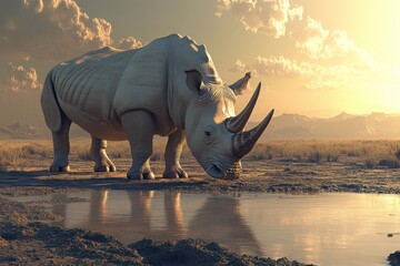 Obraz premium Rhinoceros at Waterhole under Harsh Sunlight