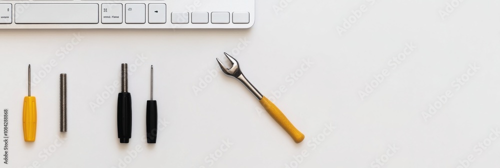 Leinwandbilder A computer keyboard sits alongside an assortment of screwdrivers and a wrench, ready for hardware repairs in a clean, organized workspace. Generative AI