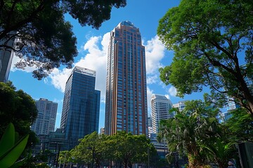 Fototapeta premium Towering Skyscrapers Overlooking Urban Park