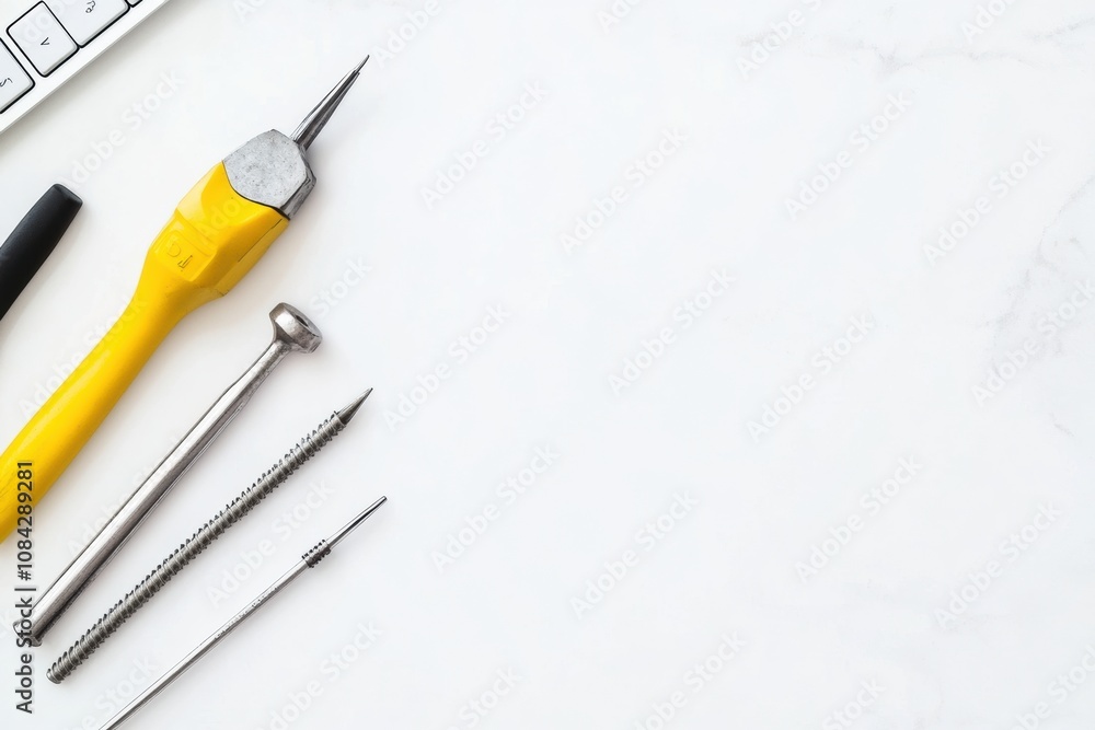 Poster a yellow screwdriver and various tools are placed beside a computer on a clean workspace, ready for 