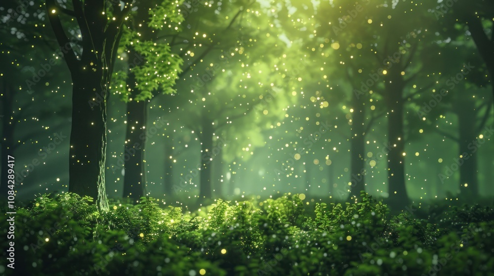 Poster a magical forest scene with sunlight shining through the trees and illuminating the air with a soft 