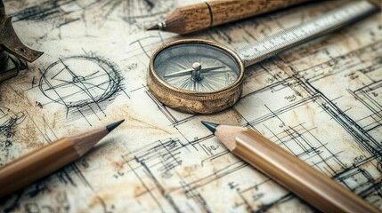 Vintage Compass and Pencils Resting on a Detailed Blueprint