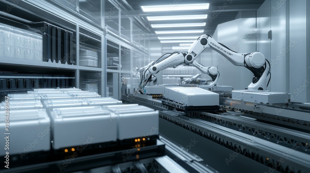 Poster robotic automation in action high-tech warehouse industrial process modern environment close-up view