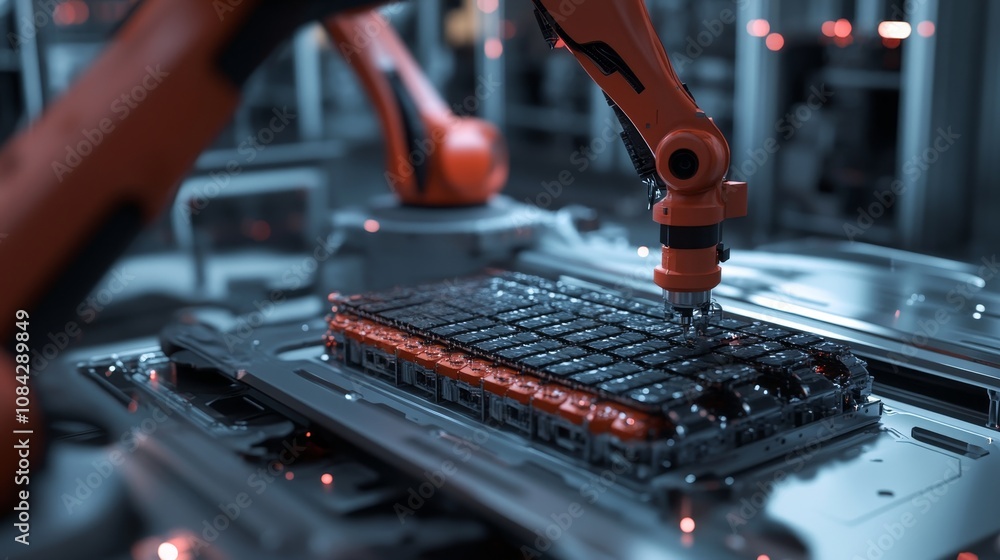 Aufkleber automated assembly line action industrial factory robotics process high-tech environment close-up vi