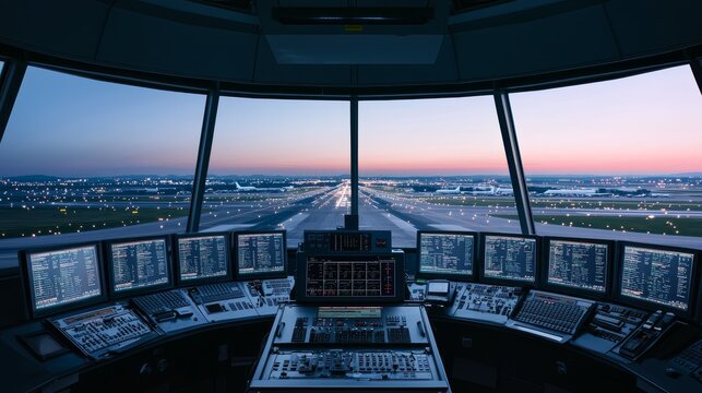 Symmetrical Air Traffic Control Console in Tower Overlooking Dusk Airport Runway - Aviation Technology Concept