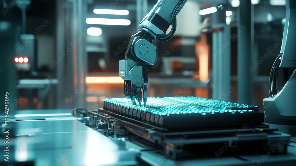 Aufkleber robotic arm assembling electronics high-tech factory digital art industrial setting close-up automat