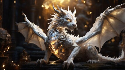 Obraz premium A majestic white dragon with glowing scales sits on a stone platform, illuminated by warm light.