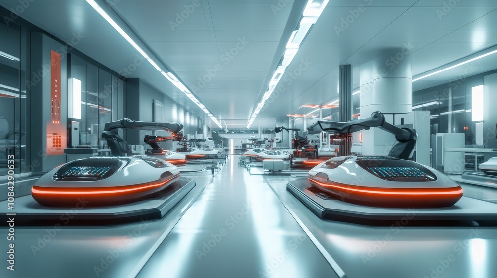 Poster automated manufacturing process advanced robotics lab digital artwork high-tech environment futurist