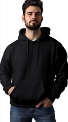handsome hipster man with beard wearing black blank hoodie with space for your logo or design. Mockup for print
