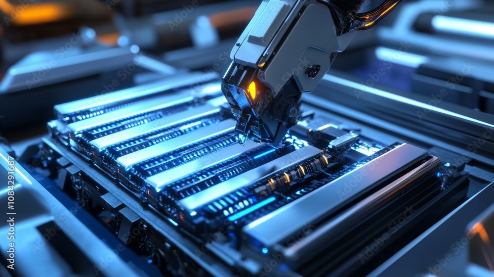 Poster robotic arm assembling computer hardware industrial setting technology photography high-tech environ
