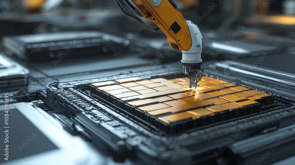 Aufkleber robotic arm assembling microchips high-tech factory industry content modern environment close-up vie