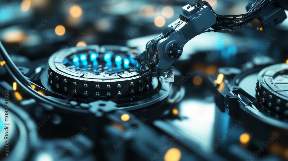 Poster automation process industrial setting technology close-up robotics high-tech environment mechanical 
