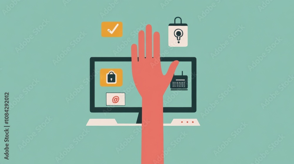 Aufkleber A hand is extending towards a computer monitor showing security and settings icons, emphasizing digital interaction and online safety. Generative AI