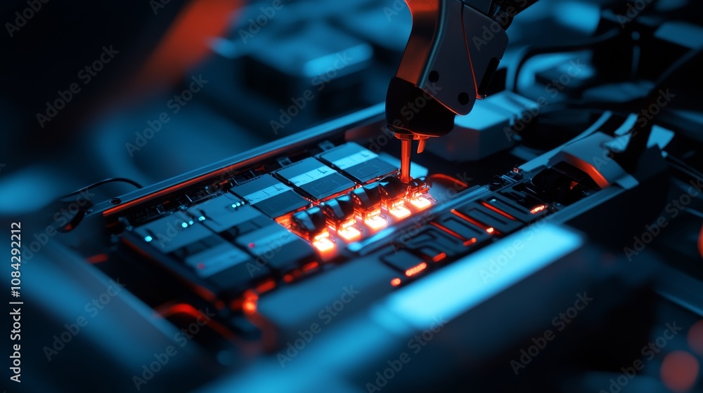 Poster technological innovation in automation industrial workshop close-up image high-tech environment focu