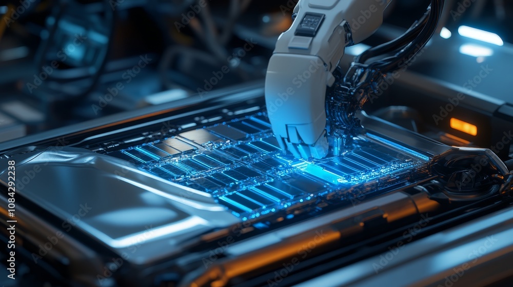 Poster robotic arm assembling circuit boards high-tech factory digital art industrial environment close-up 