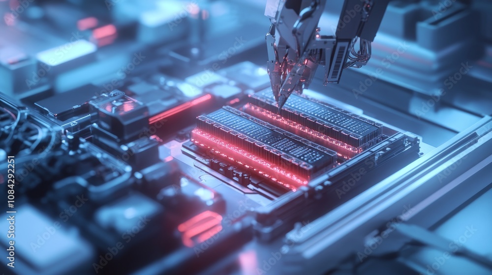Poster robotic arm assembling computer hardware high-tech lab digital illustration futuristic environment c