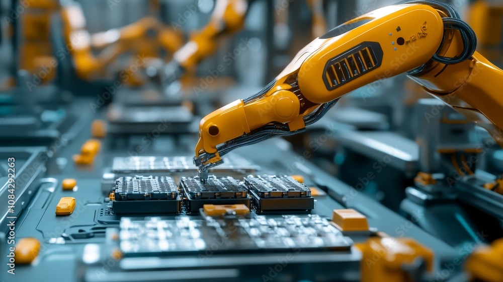 Poster automation process manufacturing facility industrial robotics high-tech environment close-up view in