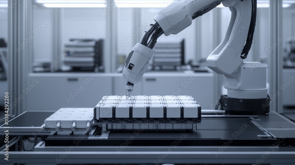 Poster robotic arm assembling components industrial facility technology modern environment close-up view au